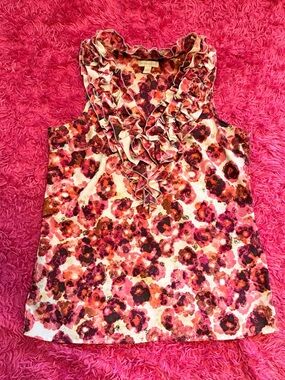 New York & Company Floral Ruffle V-Neck Sleeveless Top - Pink Multi